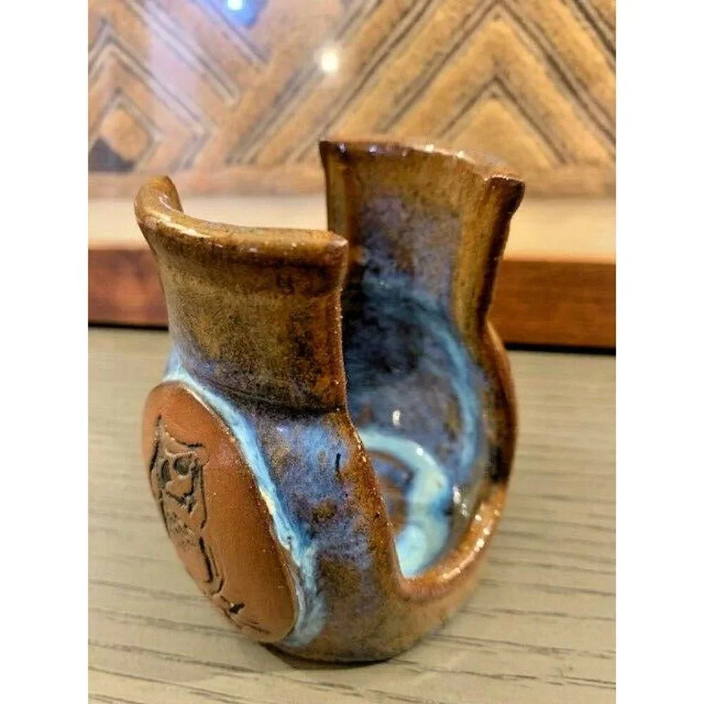 Phil Walsh Ceramic Drip Glazed Candle Holder Owl Engraved Brown Blue 3 1/2